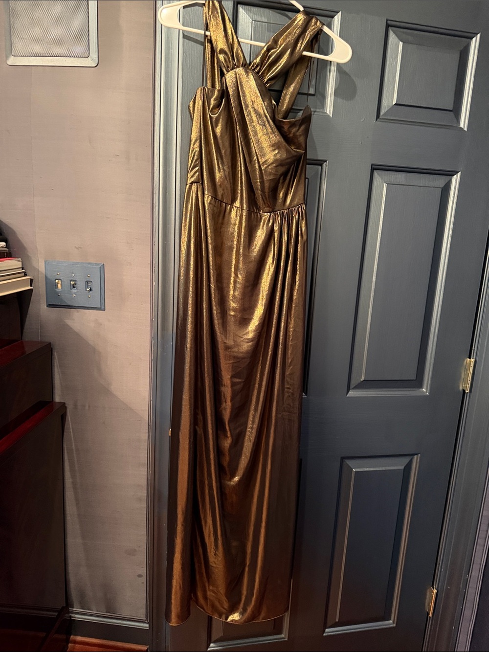 Metallic Bronze Cross-Back Maxi Dress